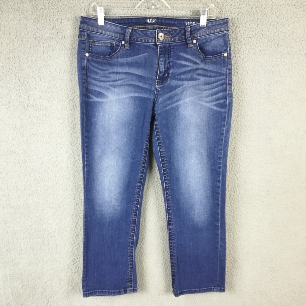 A.N.A Womens Jeans Crop Straight Leg Blue Denim Flap Pocket Stone Wash 12
